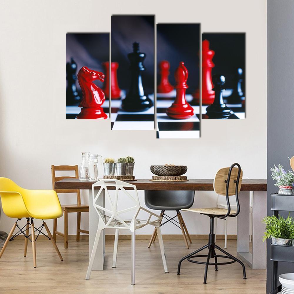 Red And Black Chess Pieces And Board Canvas Wall Art-4 Pop-Gallery Wrap-50&quot; x 32&quot;-Tiaracle