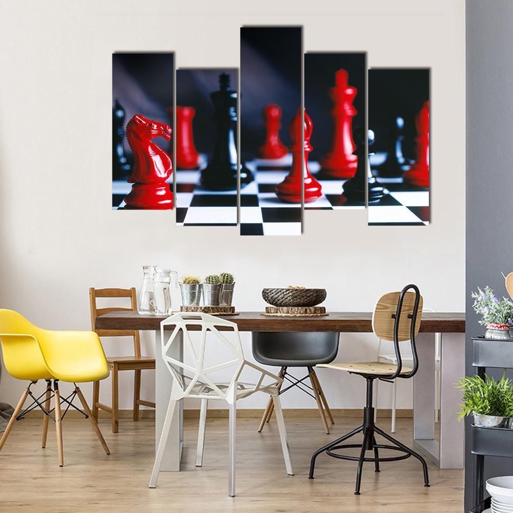 Red And Black Chess Pieces And Board Canvas Wall Art-5 Pop-Gallery Wrap-47&quot; x 32&quot;-Tiaracle
