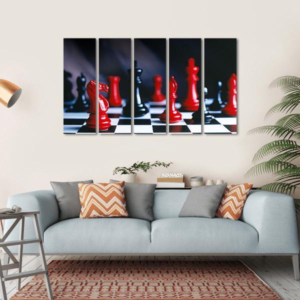 Red And Black Chess Pieces And Board Canvas Wall Art-5 Horizontal-Gallery Wrap-22" x 12"-Tiaracle