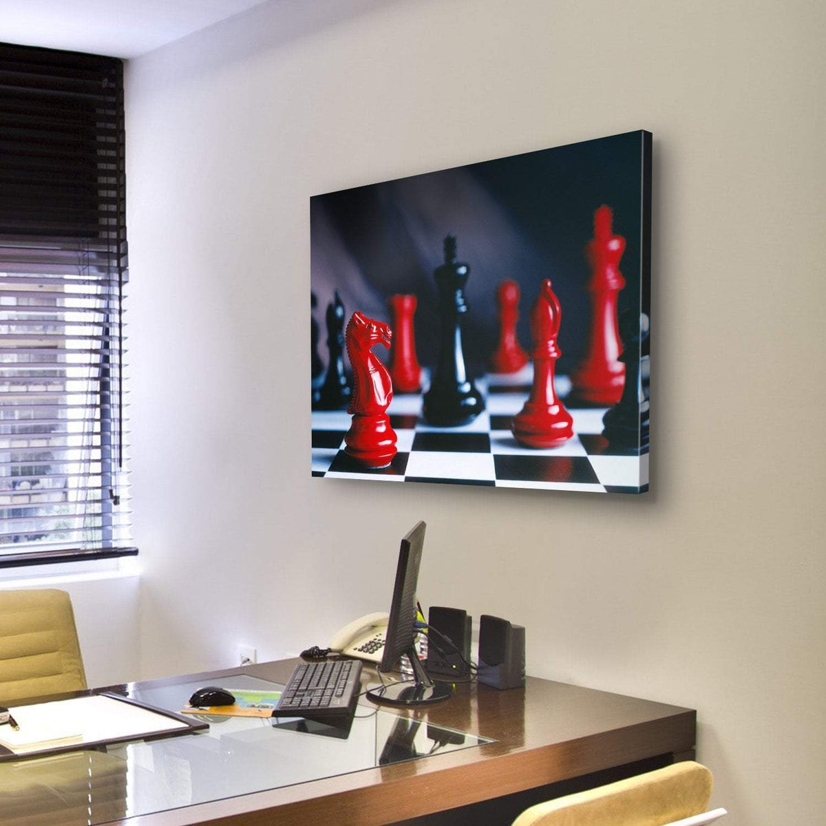 Red And Black Chess Pieces And Board Canvas Wall Art-3 Horizontal-Gallery Wrap-25&quot; x 16&quot;-Tiaracle