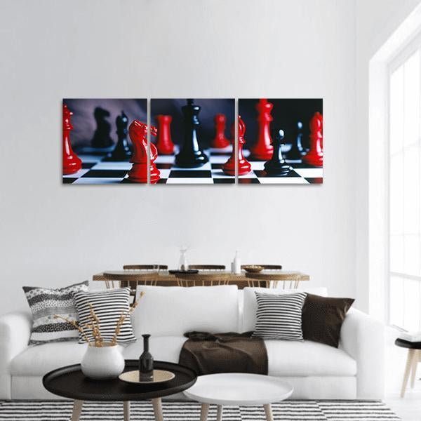Red And Black Chess Pieces Panoramic Canvas Wall Art-3 Piece-25" x 08"-Tiaracle