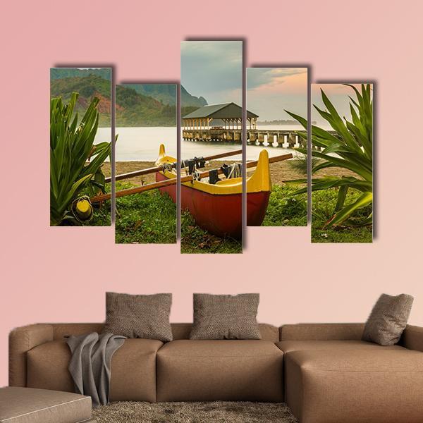 Hawaiian Canoe On The Beach Canvas Wall Art-5 Pop-Gallery Wrap-47" x 32"-Tiaracle