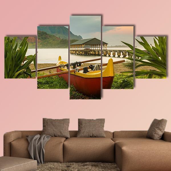 Hawaiian Canoe On The Beach Canvas Wall Art-5 Star-Gallery Wrap-62" x 32"-Tiaracle