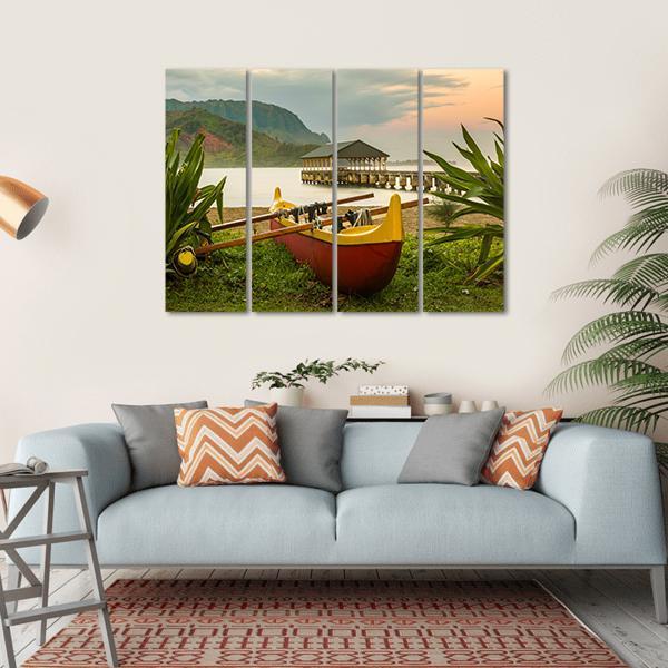 Red And Yellow Hawaiian Canoe With Outrigger On The Beach Canvas Wall Art-4 Horizontal-Gallery Wrap-34" x 24"-Tiaracle