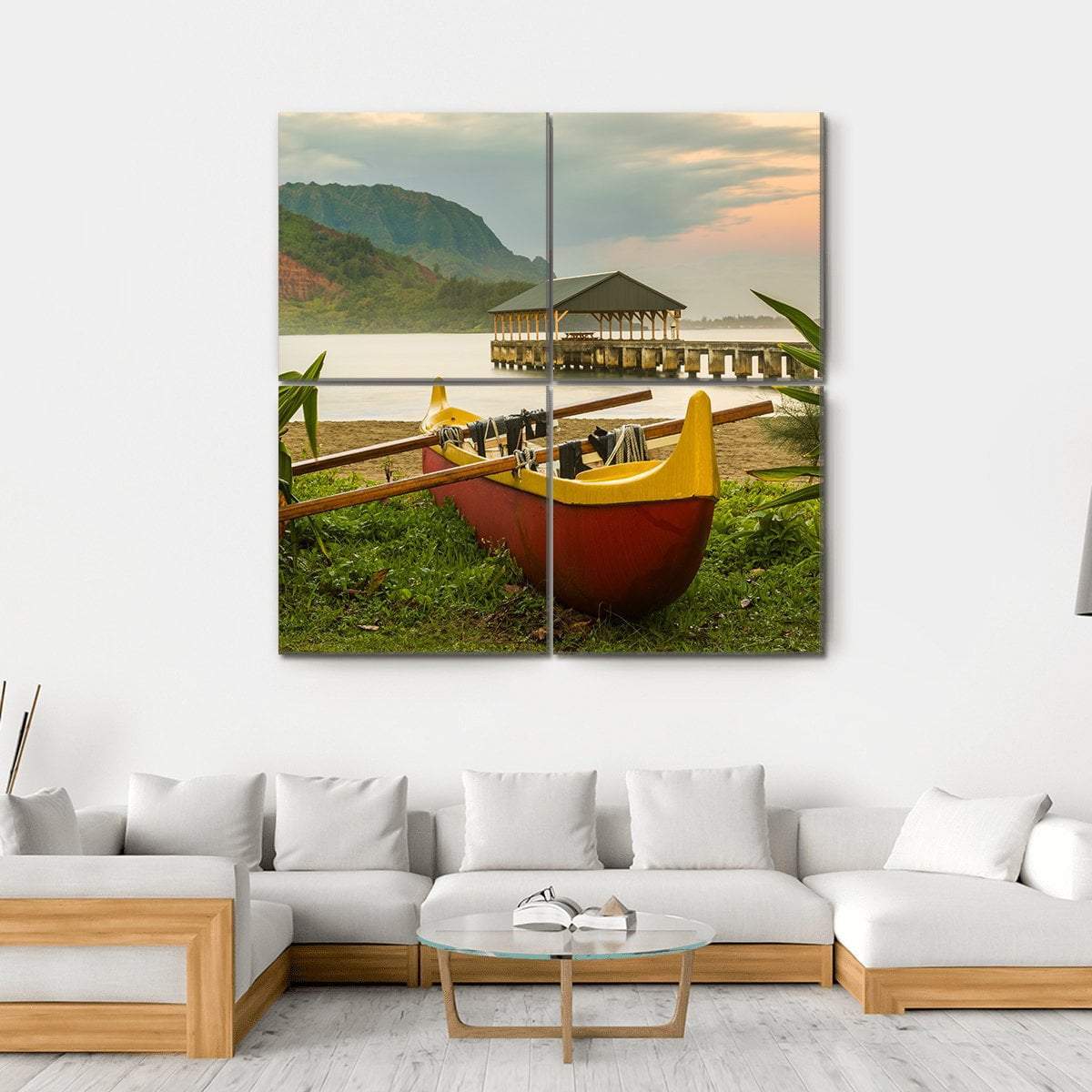 Red And Yellow Hawaiian Canoe With Outrigger On The Beach Canvas Wall Art-4 Square-Gallery Wrap-17" x 17"-Tiaracle