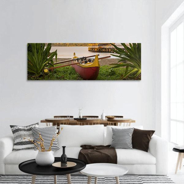 Red And Yellow Hawaiian Canoe With Outrigger On The Beach Panoramic Canvas Wall Art-3 Piece-25" x 08"-Tiaracle