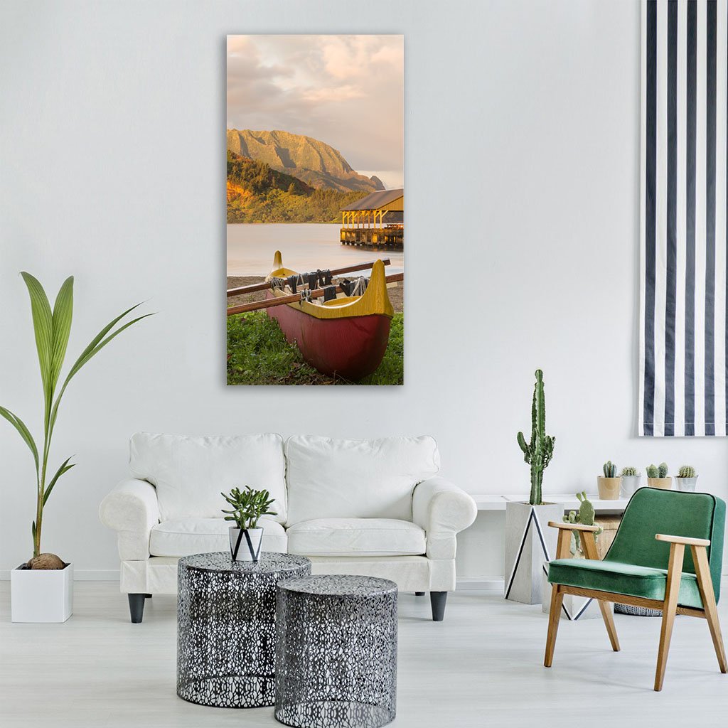 Red And Yellow Hawaiian Canoe With Outrigger On The Beach Vertical Canvas Wall Art-1 Vertical-Gallery Wrap-12" x 24"-Tiaracle