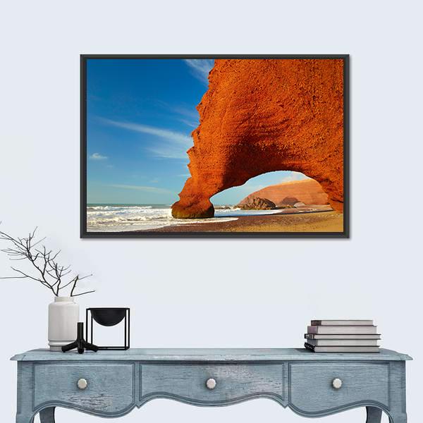 Orange Rock Arch on Atlantic Coast Canvas Wall Art in brown, orange and blue, framed canvas, product view on a white background
