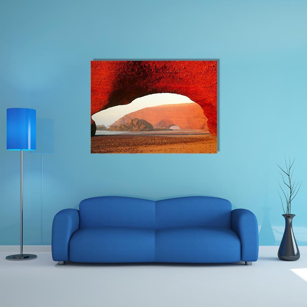 Red Rock Archway at Sunset Canvas Wall Art in brown, red and orange, single panel hung on a wall