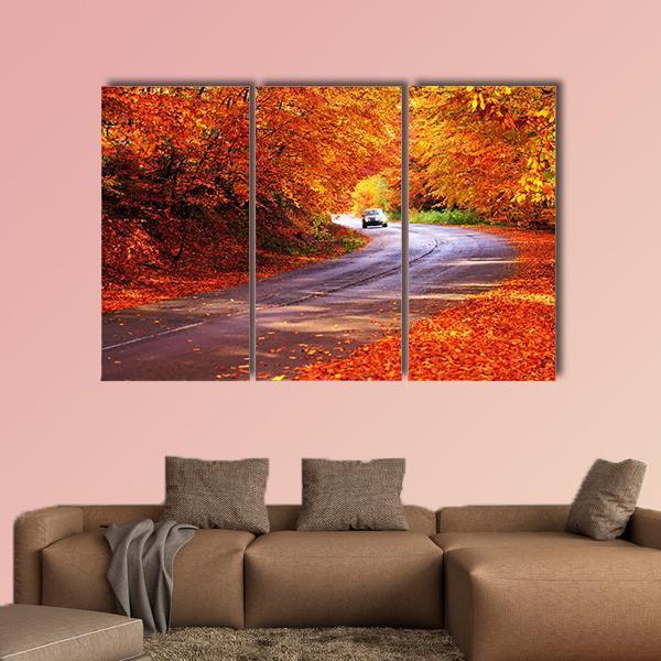 Red Autumn Sunny Road With Blurred Car Canvas Wall Art-3 Horizontal-Gallery Wrap-37" x 24"-Tiaracle