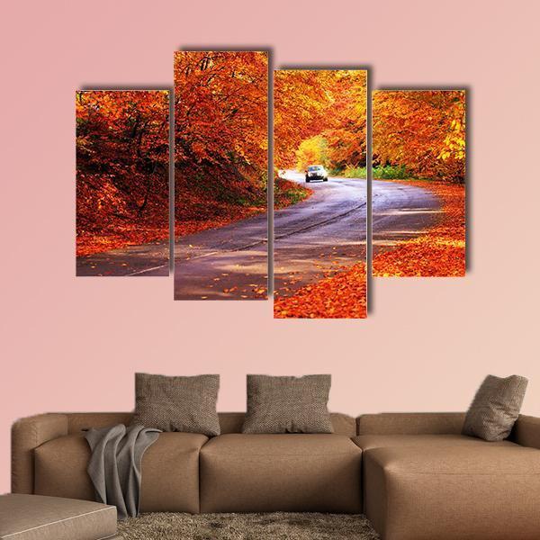 Red Autumn Sunny Road With Blurred Car Canvas Wall Art-4 Pop-Gallery Wrap-50" x 32"-Tiaracle