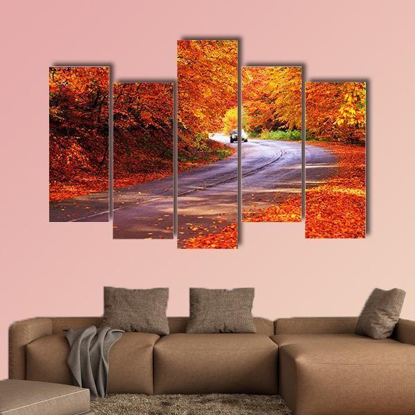 Red Autumn Sunny Road With Blurred Car Canvas Wall Art-5 Pop-Gallery Wrap-47" x 32"-Tiaracle