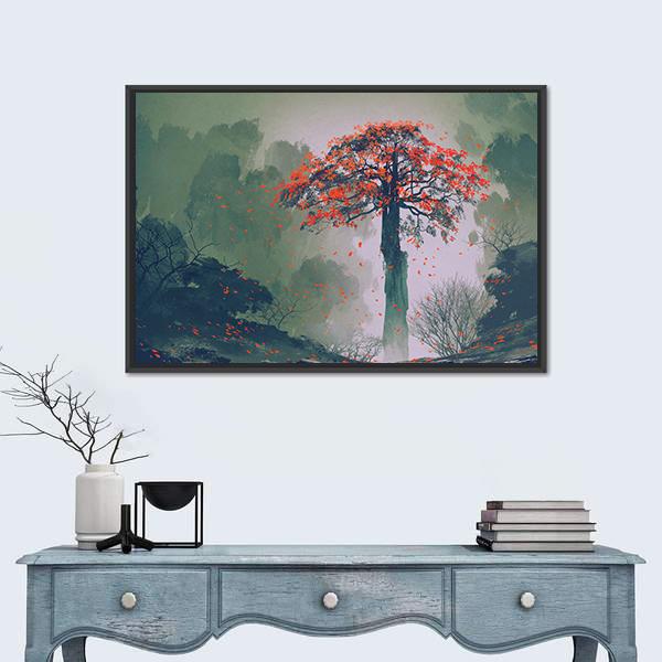 Red Autumn Tree Canvas Wall Art-1 Piece-Floating Frame-24" x 16"-Tiaracle