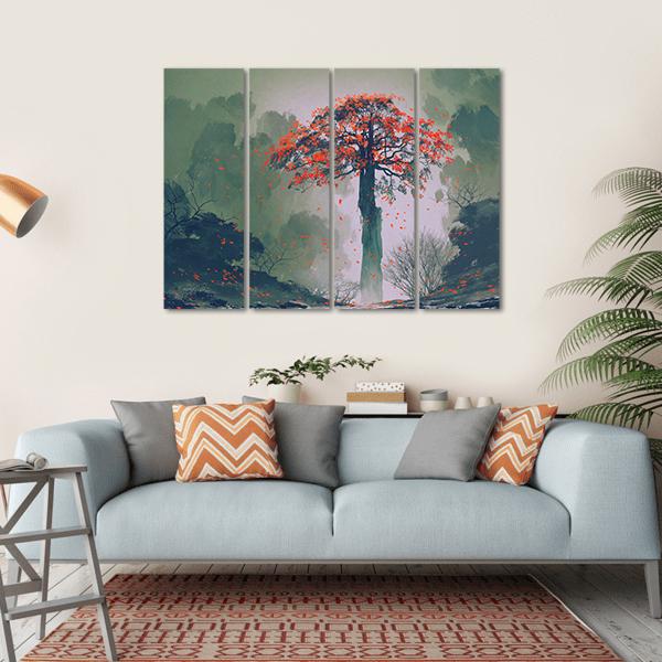 Red Autumn Tree Canvas Wall Art-4 Horizontal-Gallery Wrap-34" x 24"-Tiaracle