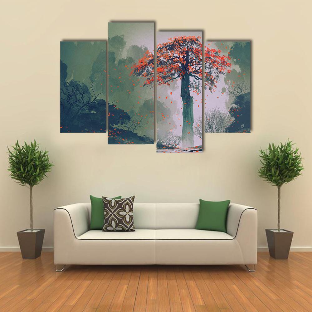 Red Autumn Tree Canvas Wall Art-4 Pop-Gallery Wrap-50" x 32"-Tiaracle