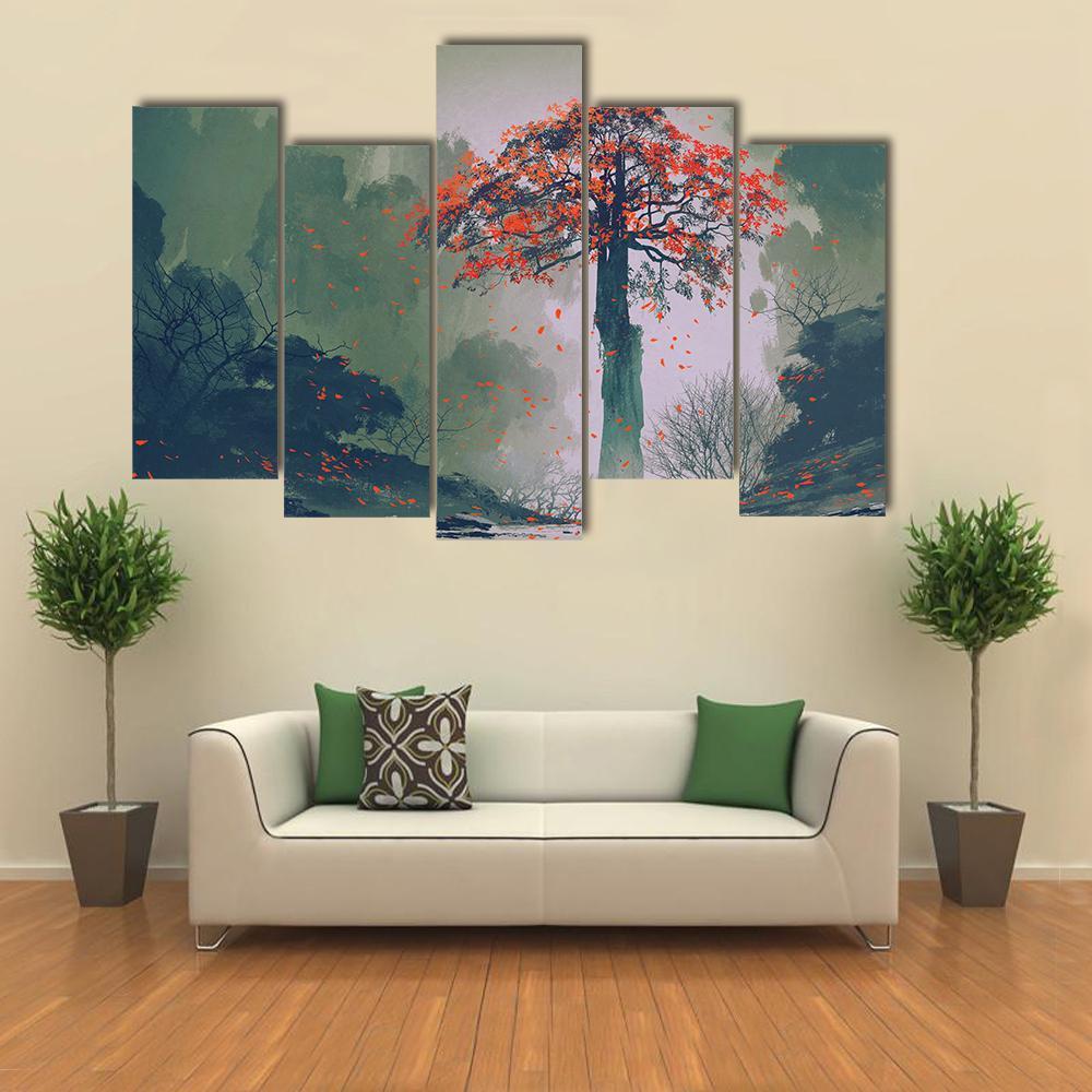Red Autumn Tree Canvas Wall Art-5 Pop-Gallery Wrap-47" x 32"-Tiaracle