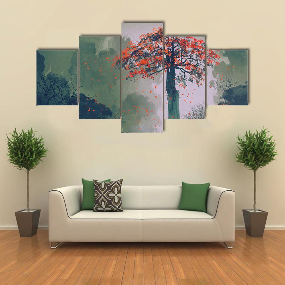 Red Autumn Tree Canvas Wall Art-5 Star-Gallery Wrap-62" x 32"-Tiaracle