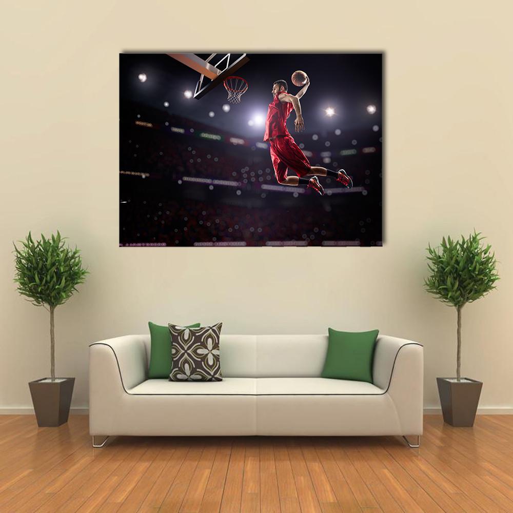Red Basketball Player In Action Canvas Wall Art-1 Piece-Gallery Wrap-48" x 32"-Tiaracle
