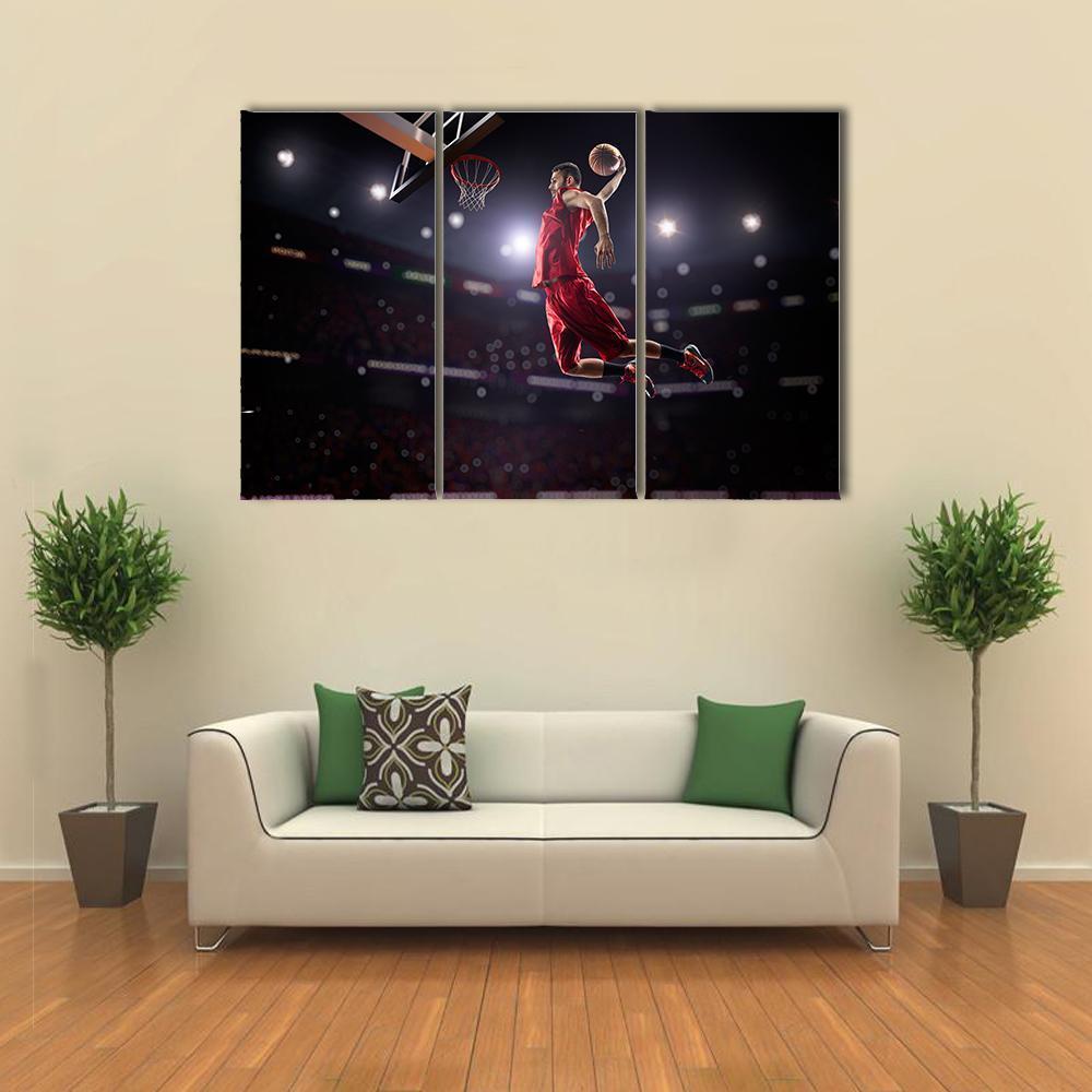 Red Basketball Player In Action Canvas Wall Art-3 Horizontal-Gallery Wrap-37" x 24"-Tiaracle