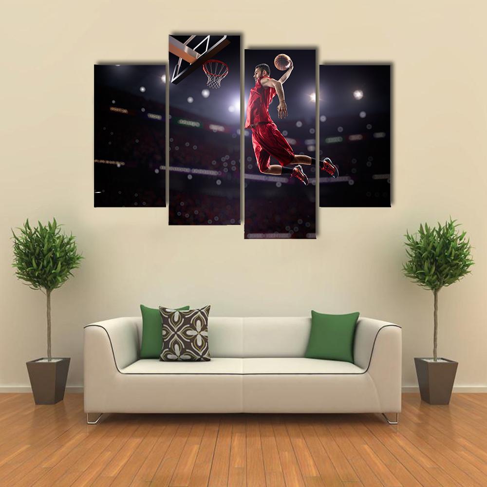 Red Basketball Player In Action Canvas Wall Art-4 Pop-Gallery Wrap-50" x 32"-Tiaracle