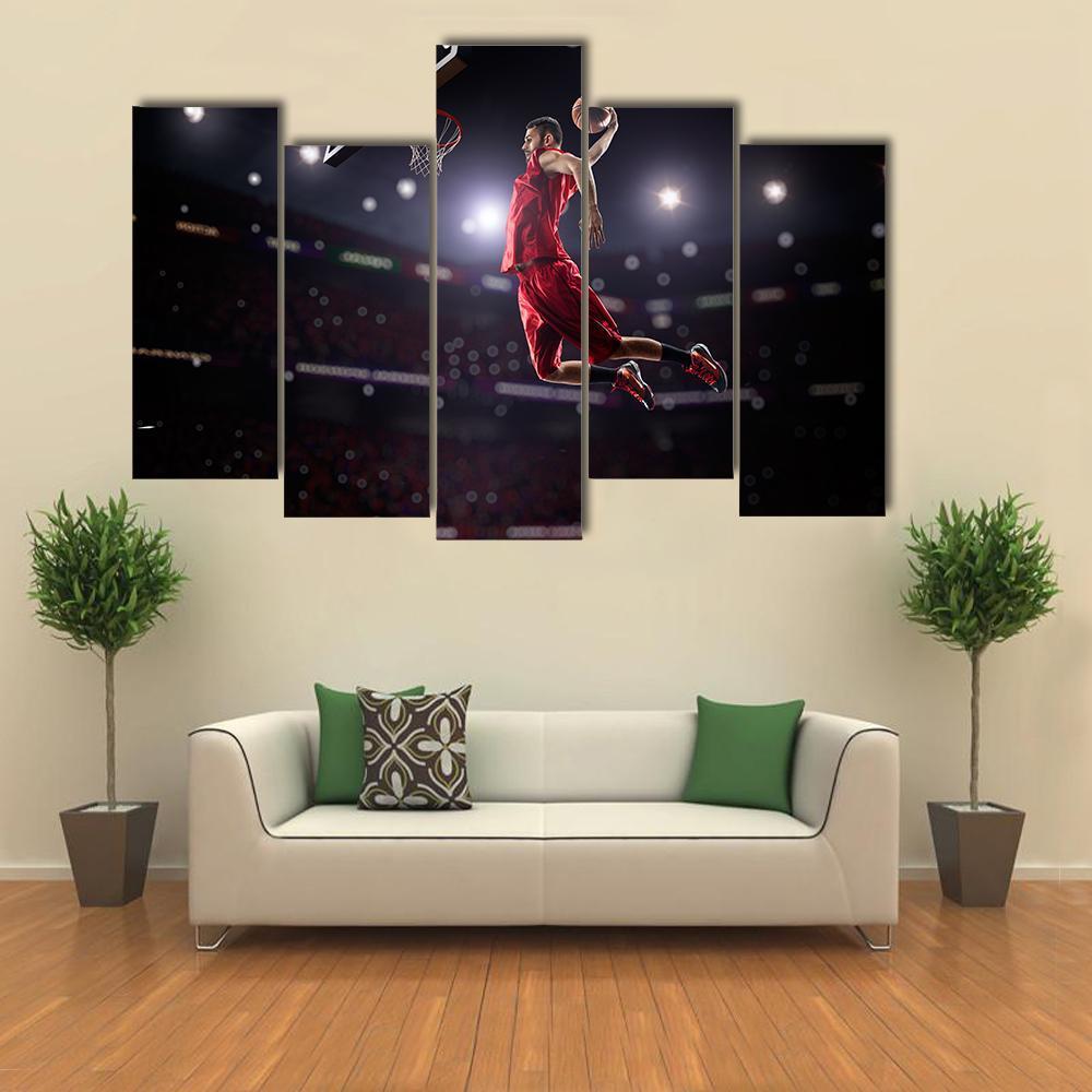Red Basketball Player In Action Canvas Wall Art-5 Pop-Gallery Wrap-47" x 32"-Tiaracle