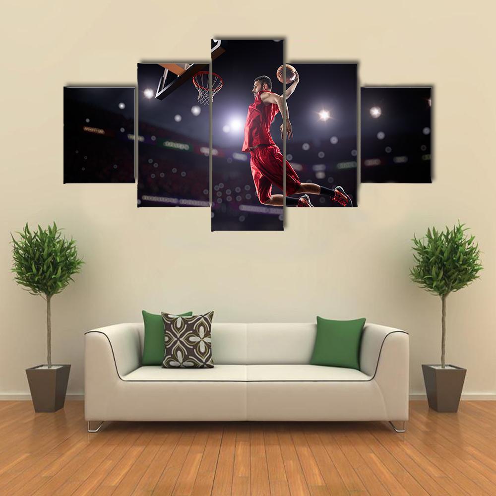 Red Basketball Player In Action Canvas Wall Art-5 Star-Gallery Wrap-62" x 32"-Tiaracle