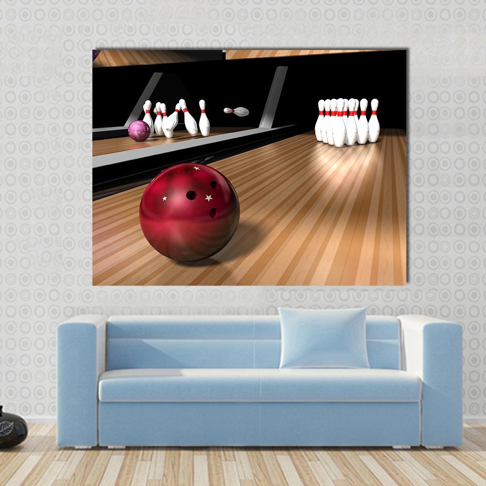 Red Bowling Ball with White Stars Canvas Wall Art in white, brown and red, single panel hung on a wall