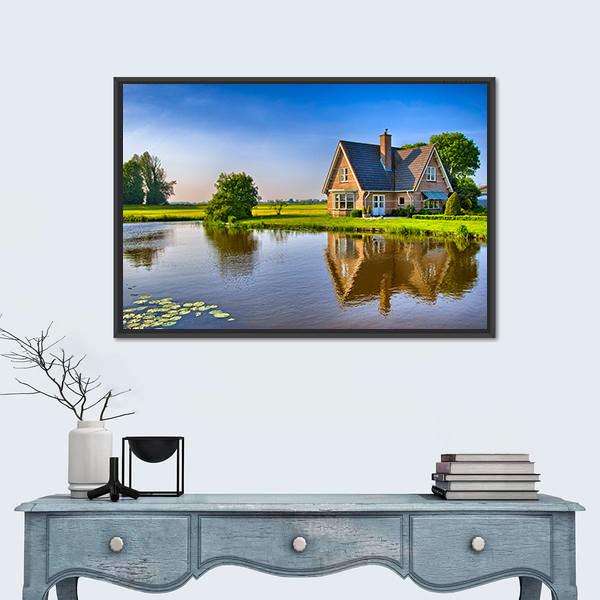 Red Bricks House Near Lake Canvas Wall Art-1 Piece-Floating Frame-24" x 16"-Tiaracle