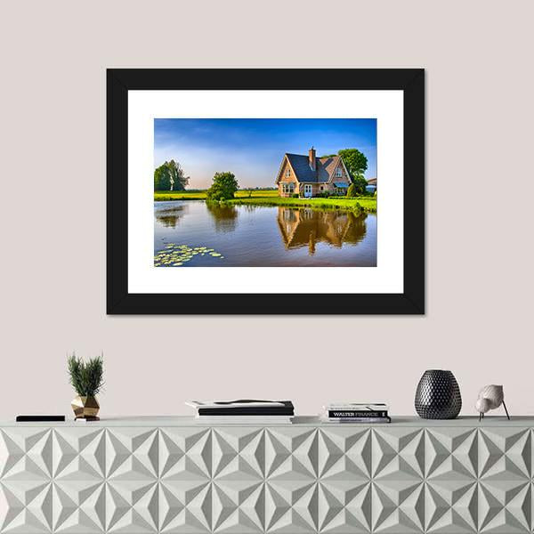 Red Bricks House Near Lake Canvas Wall Art-1 Piece-Framed Print-20" x 16"-Tiaracle