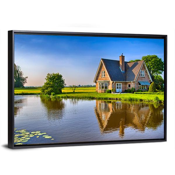 Red Bricks House Near Lake Canvas Wall Art-3 Horizontal-Gallery Wrap-25" x 16"-Tiaracle