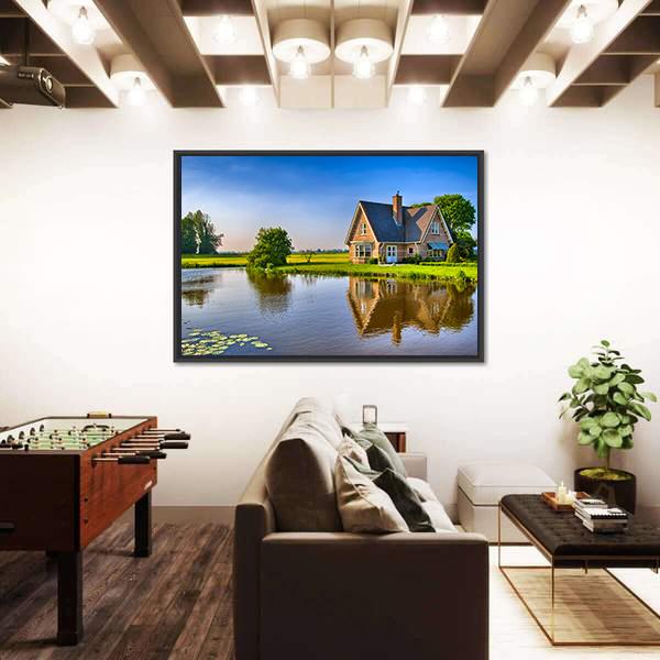 Red Bricks House Near Lake Canvas Wall Art-3 Horizontal-Gallery Wrap-25" x 16"-Tiaracle