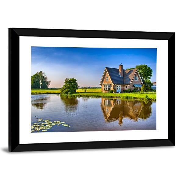 Red Bricks House Near Lake Canvas Wall Art-3 Horizontal-Gallery Wrap-25" x 16"-Tiaracle