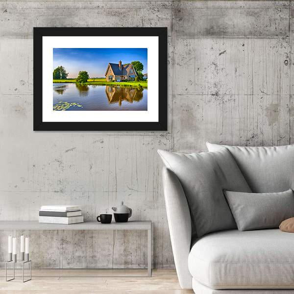 Red Bricks House Near Lake Canvas Wall Art-3 Horizontal-Gallery Wrap-25" x 16"-Tiaracle