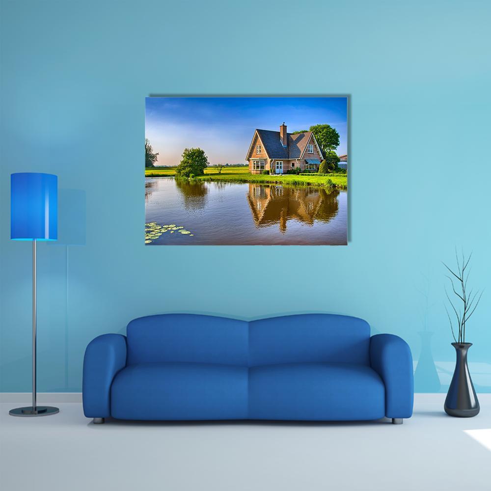 Red Bricks House Near Lake Canvas Wall Art-1 Piece-Gallery Wrap-48" x 32"-Tiaracle
