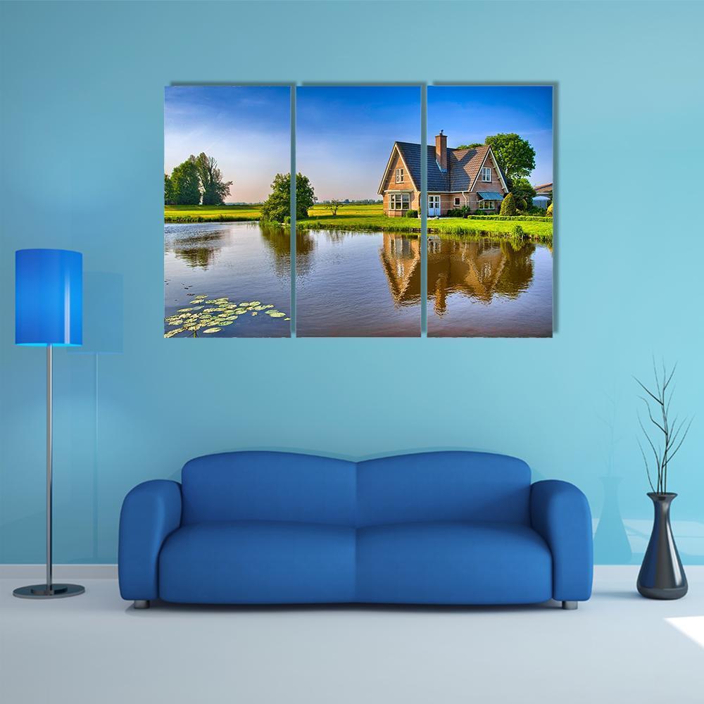 Red Bricks House Near Lake Canvas Wall Art-3 Horizontal-Gallery Wrap-37" x 24"-Tiaracle