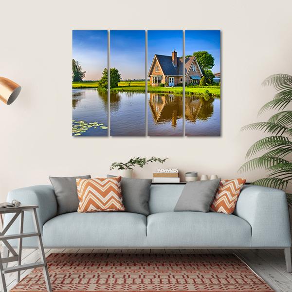 Red Bricks House Near Lake Canvas Wall Art-4 Horizontal-Gallery Wrap-34" x 24"-Tiaracle