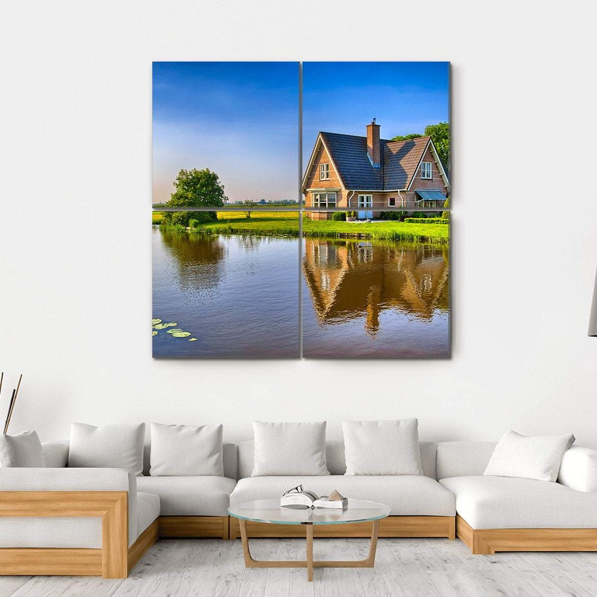 Red Bricks House Near Lake Canvas Wall Art-4 Square-Gallery Wrap-17" x 17"-Tiaracle