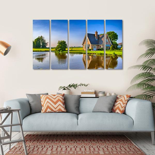 Red Bricks House Near Lake Canvas Wall Art-5 Horizontal-Gallery Wrap-22" x 12"-Tiaracle