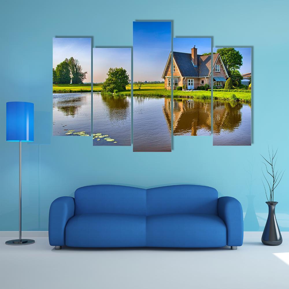 Red Bricks House Near Lake Canvas Wall Art-5 Pop-Gallery Wrap-47" x 32"-Tiaracle