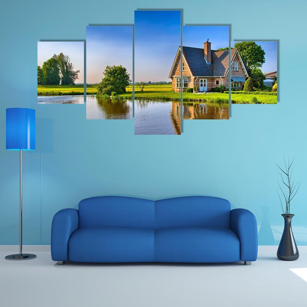 Red Bricks House Near Lake Canvas Wall Art-5 Star-Gallery Wrap-62" x 32"-Tiaracle