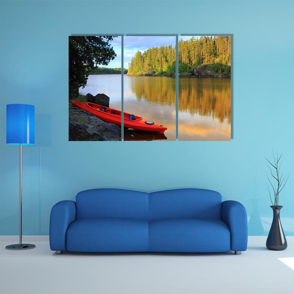 Red Canoe Sitting On Rocks At Lake Canvas Wall Art-3 Horizontal-Gallery Wrap-37" x 24"-Tiaracle