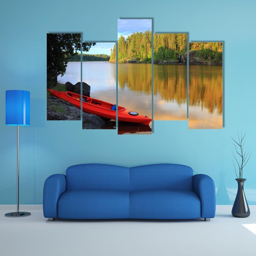 Red Canoe Sitting On Rocks At Lake Canvas Wall Art-5 Pop-Gallery Wrap-47" x 32"-Tiaracle