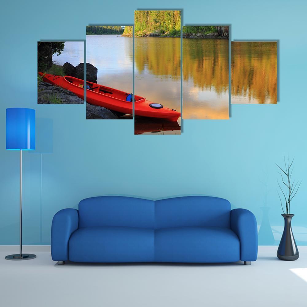 Red Canoe Sitting On Rocks At Lake Canvas Wall Art-5 Star-Gallery Wrap-62" x 32"-Tiaracle