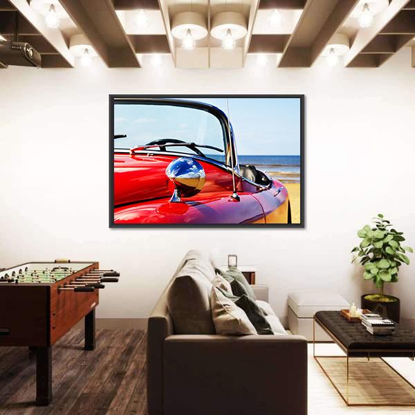 Red Car At Beach Canvas Wall Art-3 Horizontal-Gallery Wrap-25" x 16"-Tiaracle