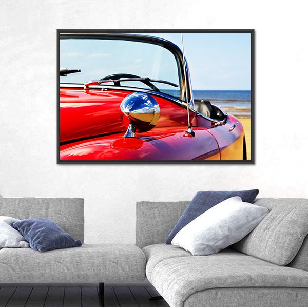 Red Car At Beach Canvas Wall Art-3 Horizontal-Gallery Wrap-25" x 16"-Tiaracle