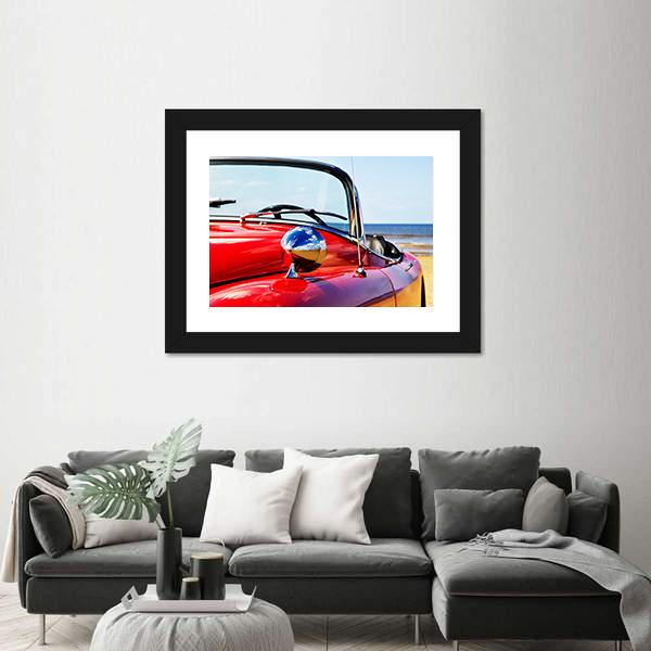 Red Car At Beach Canvas Wall Art-3 Horizontal-Gallery Wrap-25" x 16"-Tiaracle