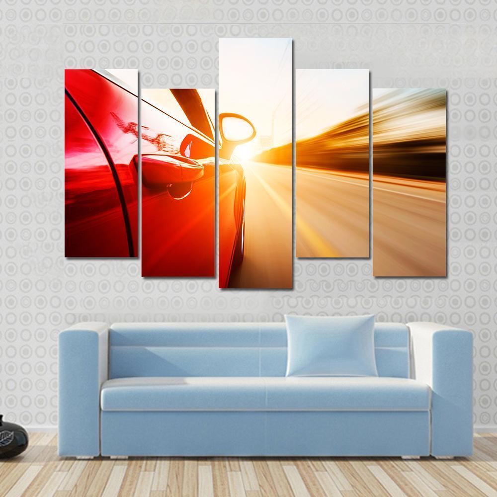 Red Car In High Speed Canvas Wall Art-5 Pop-Gallery Wrap-47" x 32"-Tiaracle