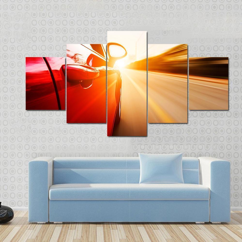 Red Car In High Speed Canvas Wall Art-5 Star-Gallery Wrap-62" x 32"-Tiaracle