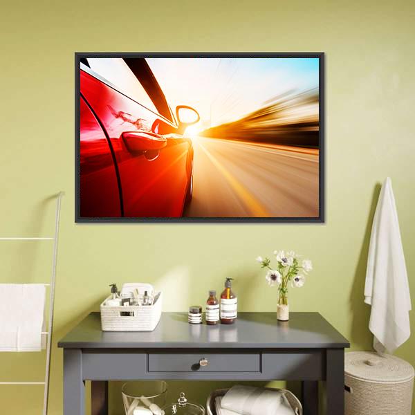 Red Car In High Speed Canvas Wall Art-1 Piece-Floating Frame-24" x 16"-Tiaracle