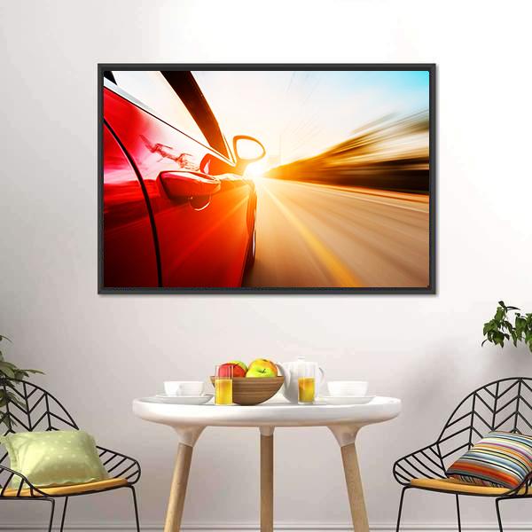 Red Car In High Speed Canvas Wall Art-3 Horizontal-Gallery Wrap-25" x 16"-Tiaracle